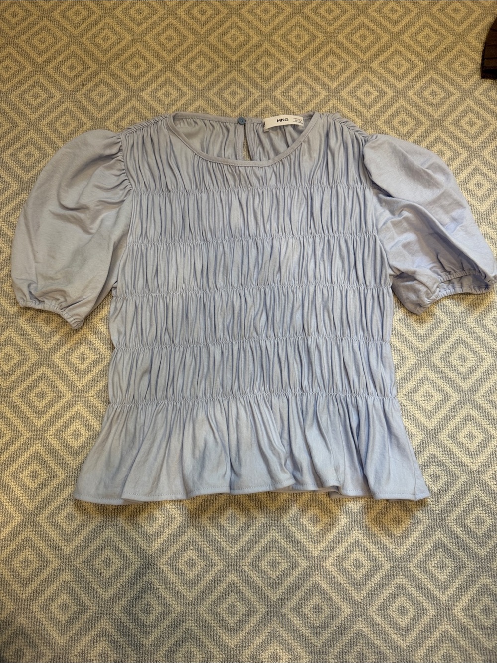 Mango Light Blue Smocked Puff-Sleeve Top